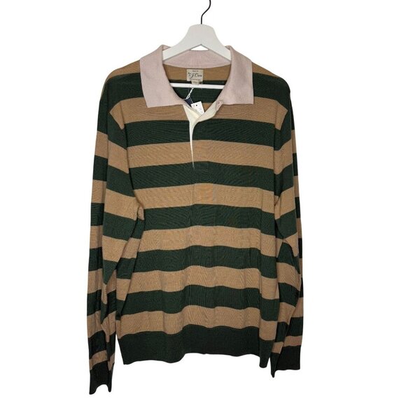 J.Crew XL Merino Wool Rugby Sweater Green Tan Striped Long Sleeve Polo NWT - Picture 1 of 6